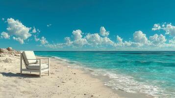 A single minimalist beach lounge chair with a clean white frame stands on a wide empty beach in the midday sun photo
