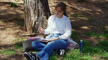 Concentrated young female student is sitting under a tree in a park, writing notes in her notebook while enjoying the fresh air and sunlight video
