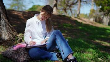 Concentrated student studying, writing notes while sitting on grassy lawn, leaning against tree, enjoying peaceful outdoor learning environment with soft sunlight filtering through leaves video