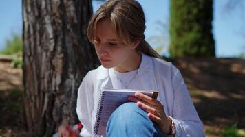 Focused young woman taking notes in notebook while sitting under tree, capturing peaceful moment of study and creativity in sunlit park setting video