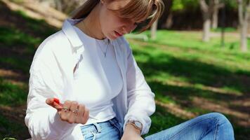 Young woman reading book and taking notes while sitting on grassy park ground, pausing periodically for reflective thinking during peaceful study session video
