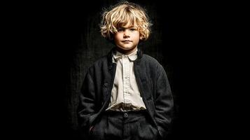 A boy in a neatly ironed school uniform, complete with a white shirt, stands with his hands in his pockets photo