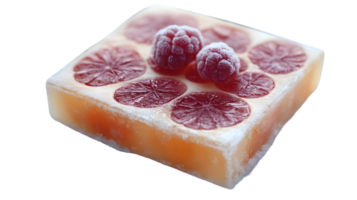 Frozen Delight A Block of Ice with Embedded Fruits and Berries Perfect for Culinary and Artis png