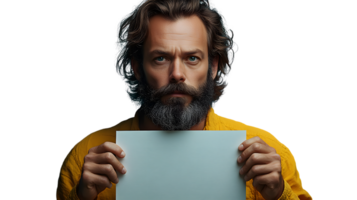 A man with a beard holding a blank sheet of paper ideal for mockups and presentations png