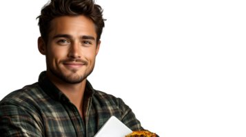 A man with a friendly smile holding a plate of food perfect for lifestyle and culinary themes png
