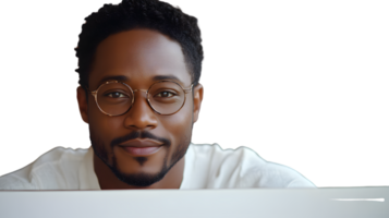 A man with glasses and a beard wearing a white shirt looking directly at the camera png