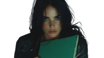A mysterious figure holding a green book illuminated by soft light in a dark setting png