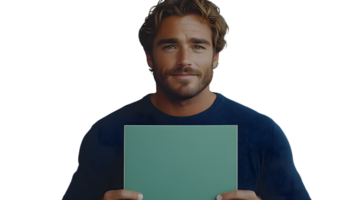 A person holding a blank green board ideal for presentations and mockups with a neutral backg png