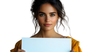 A person holding a blank sign ready for customization with a neutral expression and soft ligh png