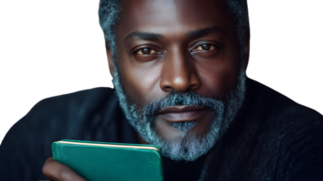 Closeup portrait of a man with graying beard holding a book png