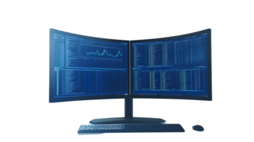 Dual Screen Computer Setup with Data Analysis and Charts png
