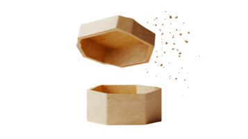 Wooden Box with Lid Open and Crumbs Falling Hexagonal Shape Crafted Design Minimalist Style png