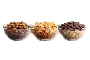 Three Bowls of Cereal and Snacks Displayed on a Black Background for Food Photography Advertis png