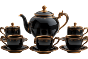 Black and Gold Tea Set Elegant Teacups and Teapot Luxury Tableware Vintage Design png