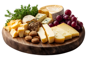 Cheese board with assorted cheeses grapes and crackers png