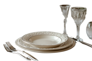 Elegant Table Setting with Fine China and Crystal Glassware for Formal Dining Events png