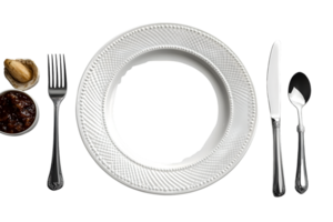 Elegant Table Setting with White Plate Silverware and Condiments on Black Background png