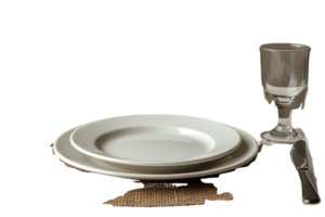 Elegant Table Setting with White Plates Glassware and Cutlery on Burlap Background for Dining png