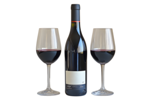 Elegant Wine Presentation Two Glasses and a Bottle on Black Background png