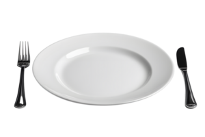 Empty White Plate with Fork and Knife on Black Background Tableware Dining Setup Food Prese png