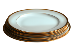Stack of Elegant White Plates with Gold Trim for Dining and Decor png