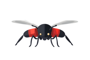 A cartoon insect with vibrant red and black stripes featuring translucent wings and expressive png