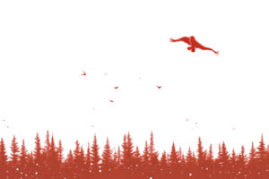 A silhouette of a bird soaring above a forest at night with glowing red elements and scattered png