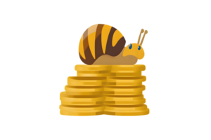 A snail perched atop a stack of golden coins symbolizing wealth and slow progress in financial png