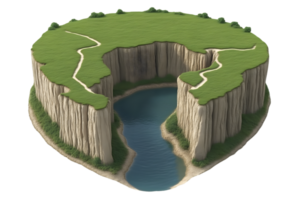 Aerial view of a secluded island with cliffs and a lake png