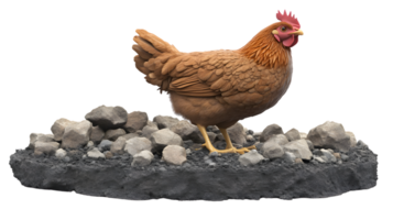A detailed 3D rendering of a chicken standing on rocks perfect for agricultural farming and png