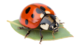 A vibrant insect resting on a leaf showcasing its distinctive spotted pattern and glossy wings png