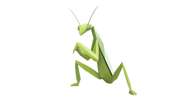 Geometric Insect Design A Stylized Green Praying Mantis with Sharp Edges and Angular Lines for png