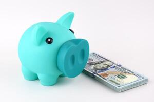 A blue piggy bank and dollars on white table. photo