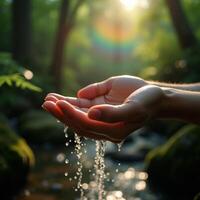 Hands Cupping Water In Forest Stream Nature Conservation Concept Environment photo
