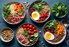 Healthy Grain Bowls With Various Toppings Served On A Rustic Blue Tabletop photo