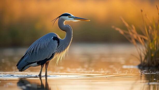 Great Blue Heron Standing In Golden Lit Water At Sunset photo