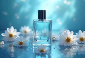 Perfume Bottle With Blue Liquid And White Daisy Flowers On Blue Background photo