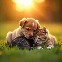 Adorable Puppy And Kitten Cuddling In Golden Light On Green Grass photo