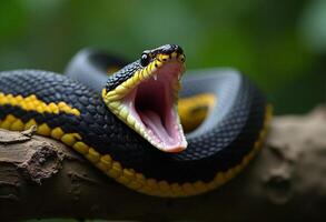 Black And Yellow Mangrove Snake Coiled On Branch With Open Mouth Display photo