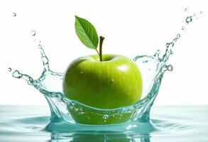 Fresh Green Apple Splashing Into Water With A Leaf In A Bright Background photo