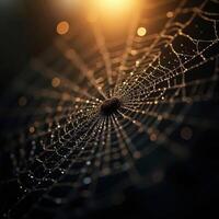 Dew Drops On Spiderweb Illuminated By Golden Light In Dramatic Dark Setting photo