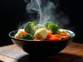 Steaming Bowl Of Healthy Vegetables Freshly Cooked Broccoli Cauliflower And Carrots photo