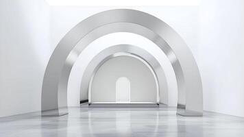 Symmetrical metallic arches in a minimalist white space, creating a futuristic and sleek architectural design.. photo
