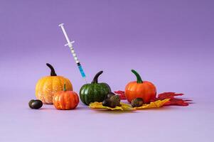 Autumn composition with colorful pumpkins with syringe, autumn leaves and nuts on purple background. Minimal seasonal food concept. Trendy surreal healthy or unhealthy food idea. Fall aesthetic. photo