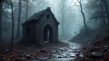 A stone building in the middle of a forest video