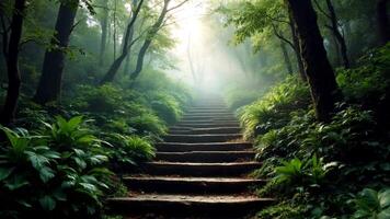 A path in the forest with steps leading up to the sun video
