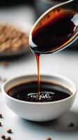 Spoon pouring dark liquid into a white bowl photo