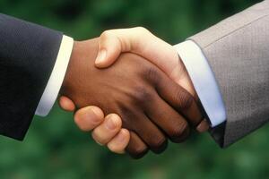 Two individuals joining hands together in a gesture of agreement photo