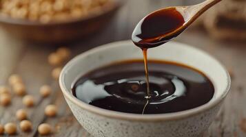 Soy sauce dripping from wooden spoon into a bowl photo