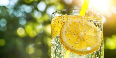 A cold glass of lemonade with a lemon slice photo